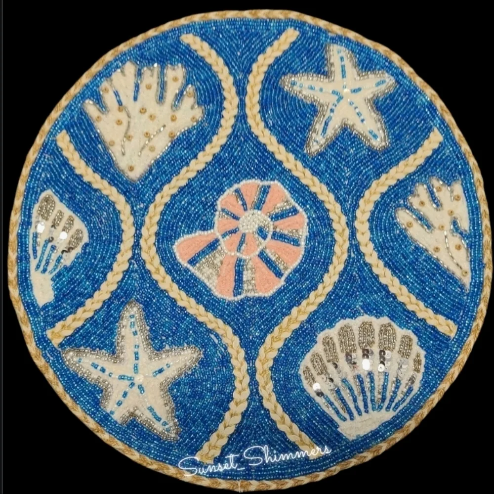 4 Beaded Coastal Seashell Starfish Sea Coral Jute Accent Placemats Chargers Set